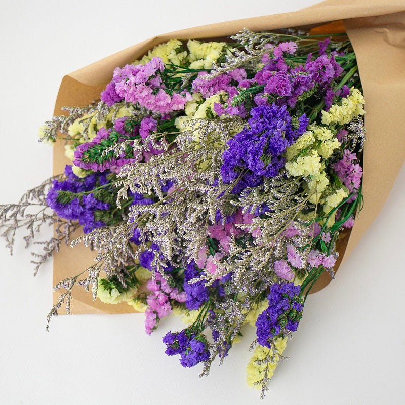 Bouquet of purple and yellow flowers wrapped in brown paper on a white background
