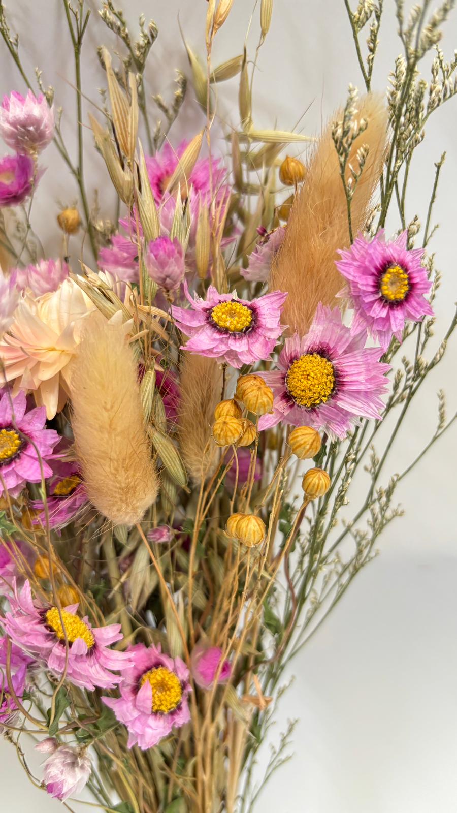 Dried flowers with pink and yellow blossoms on a light background