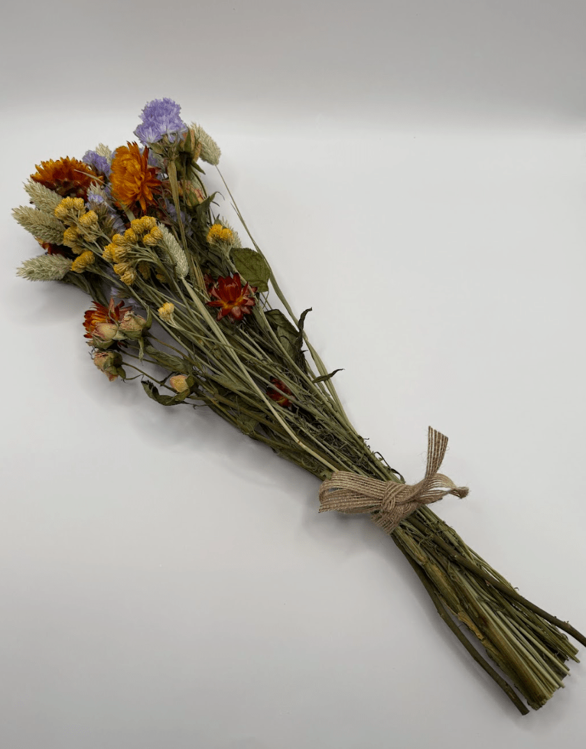 Bouquet of dried flowers tied with twine on a white background