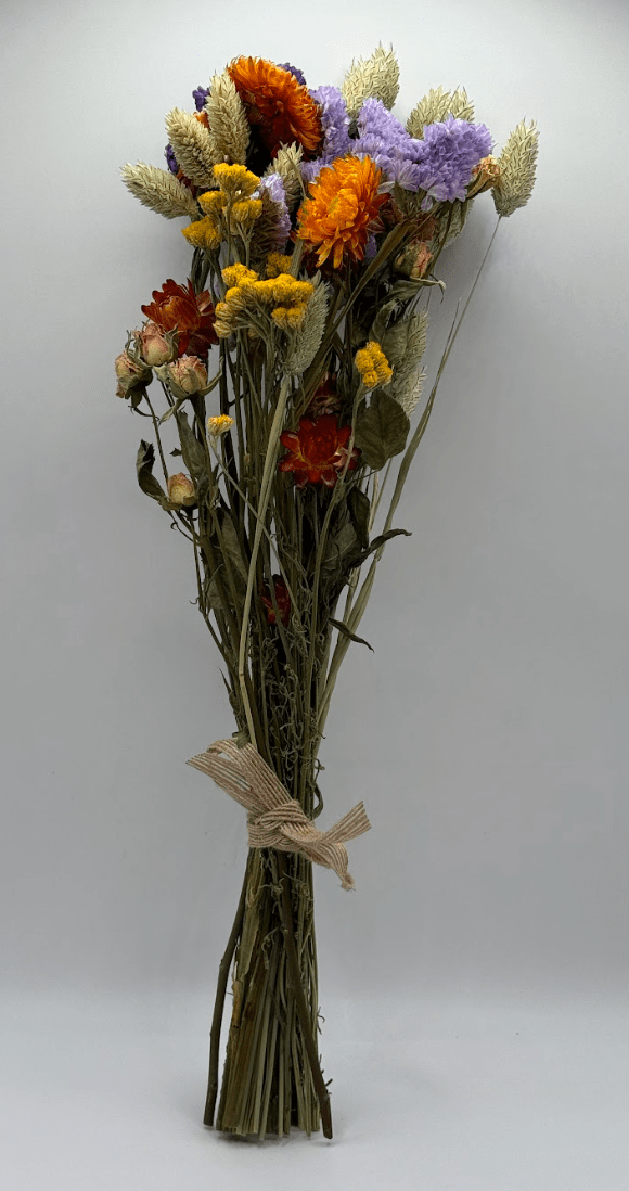 Bouquet of dried flowers tied with twine on a white background