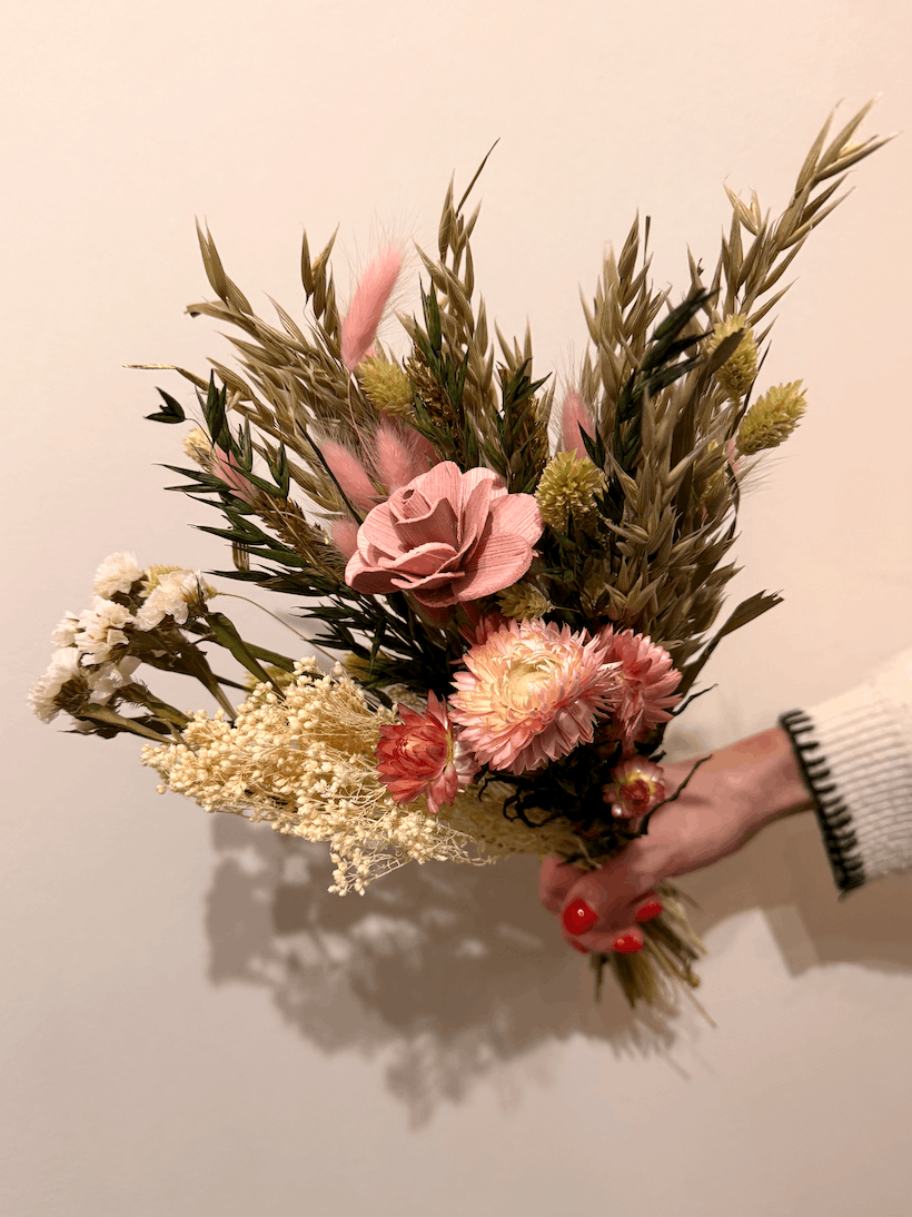 Bouquet of flowers held by a person against a plain background