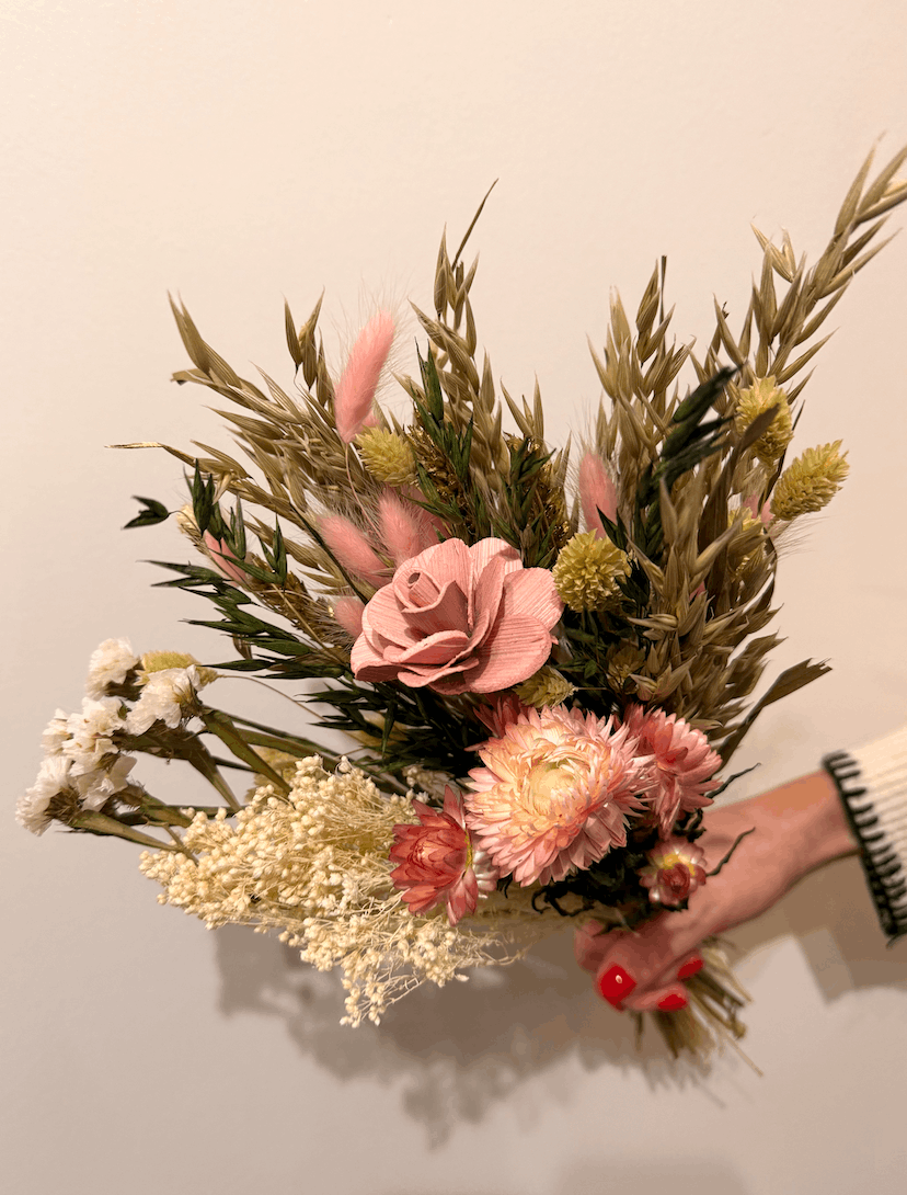 Bouquet of flowers held by a person against a plain background