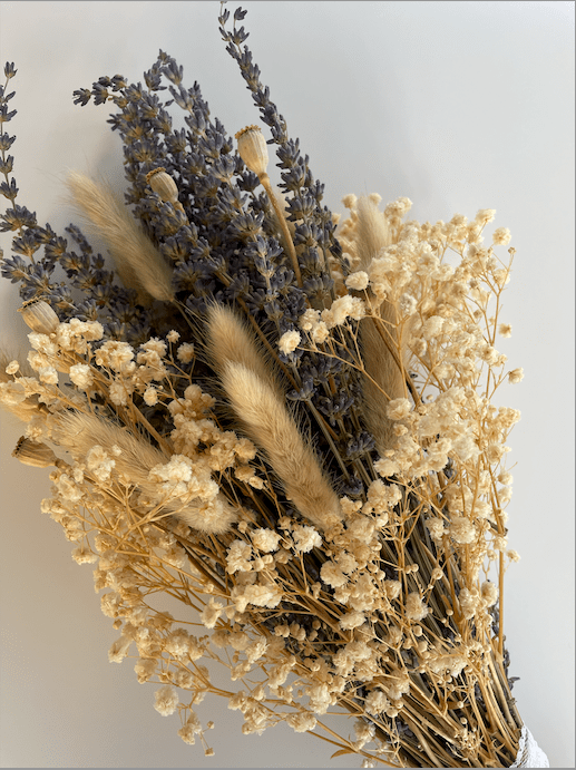 Bouquet of dried lavender and grasses against a light background