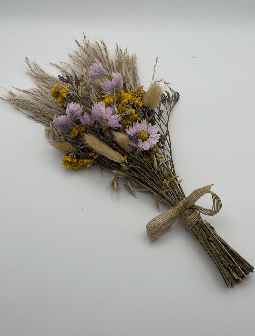 Bouquet of dried flowers tied with twine on a white background
