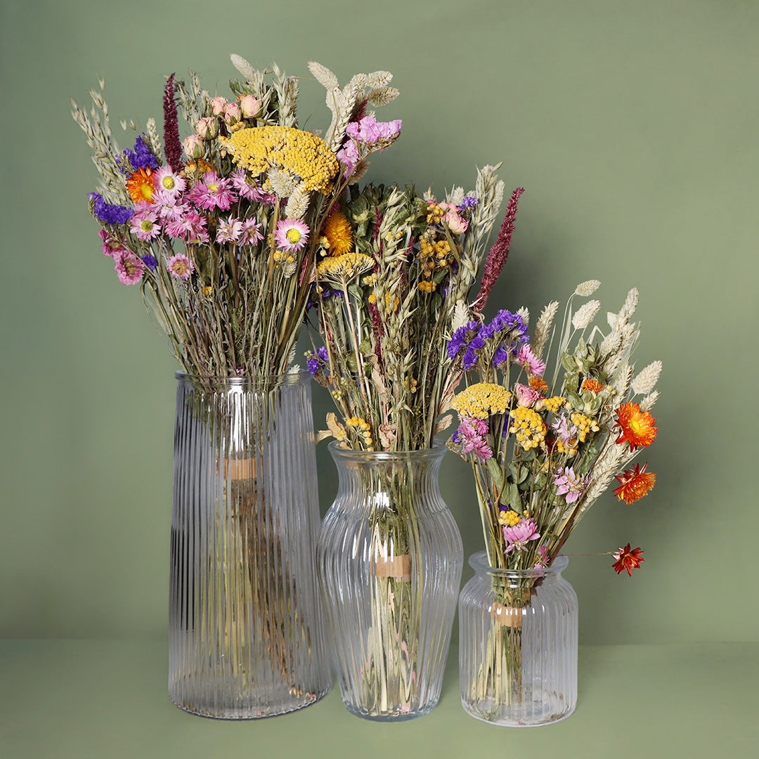 Three bright summer bouquets made of dried blooms in glass vases