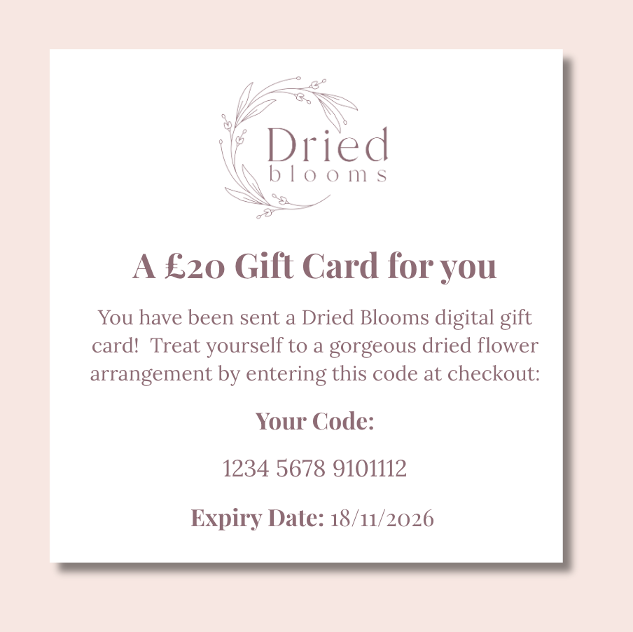 Dried Blooms digital gift card with code and expiry date on a light pink background