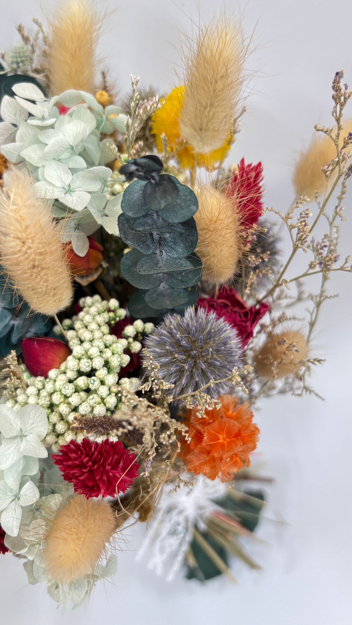 Colorful arrangement of dried flowers and plants on a light background