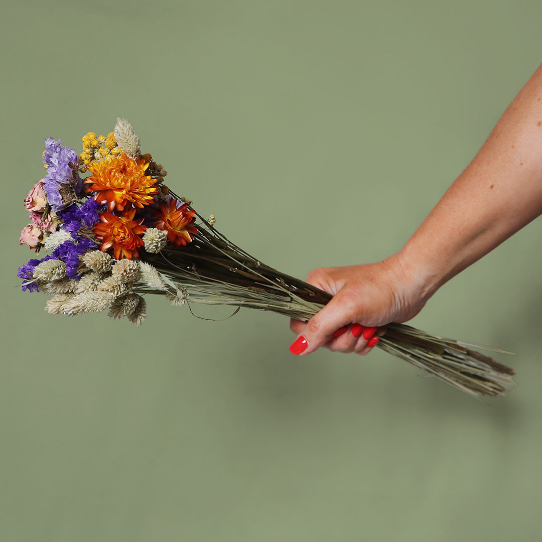 Hand holding a bouquet of dried flowers against a green background