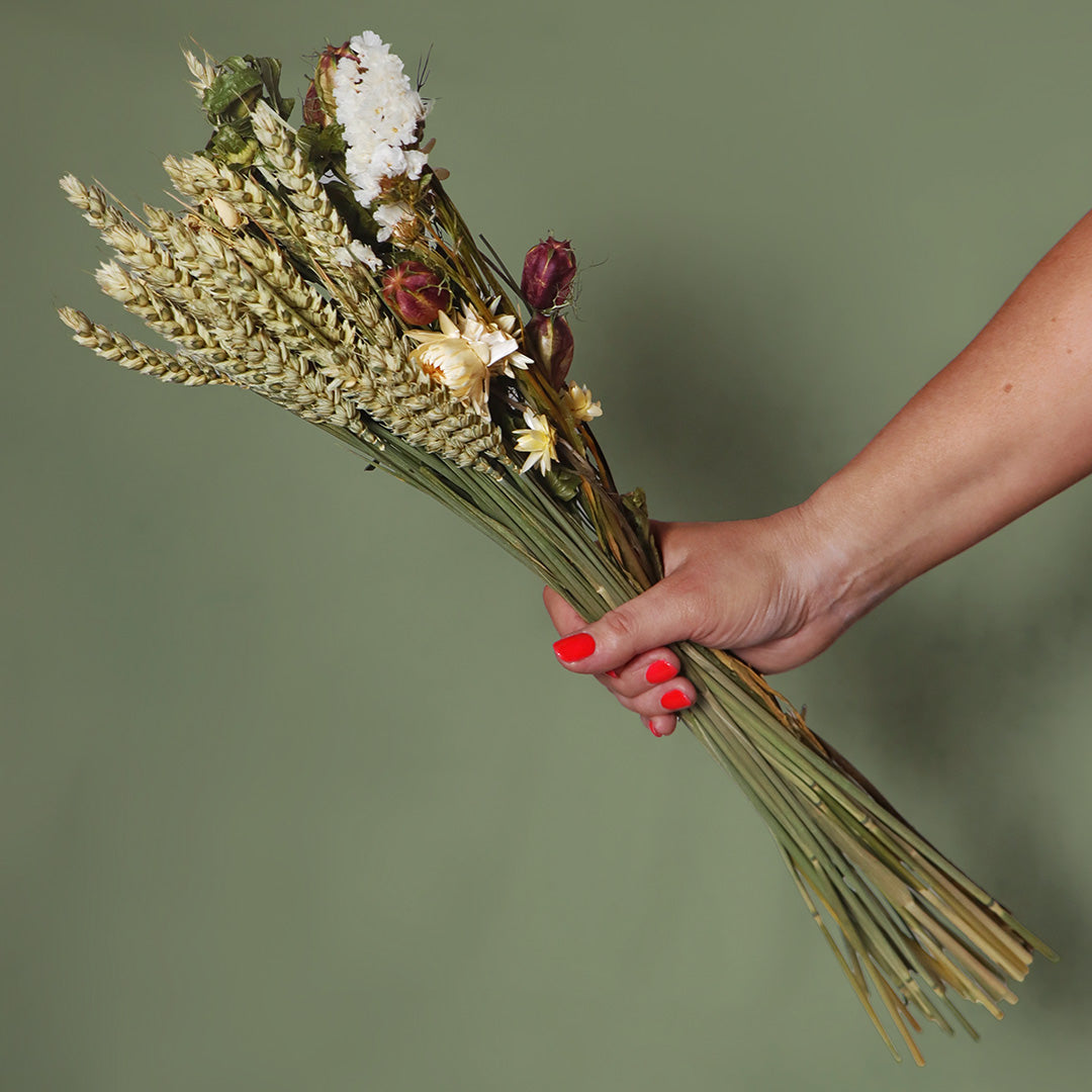 Hand holding a bouquet of dried flowers against a green background