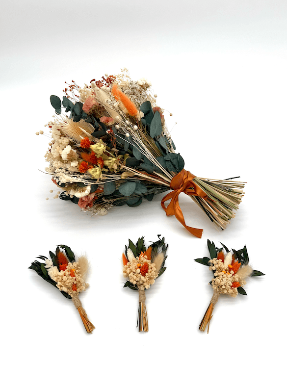 Bouquet of dried flowers with orange ribbon and three boutonnieres on a white background