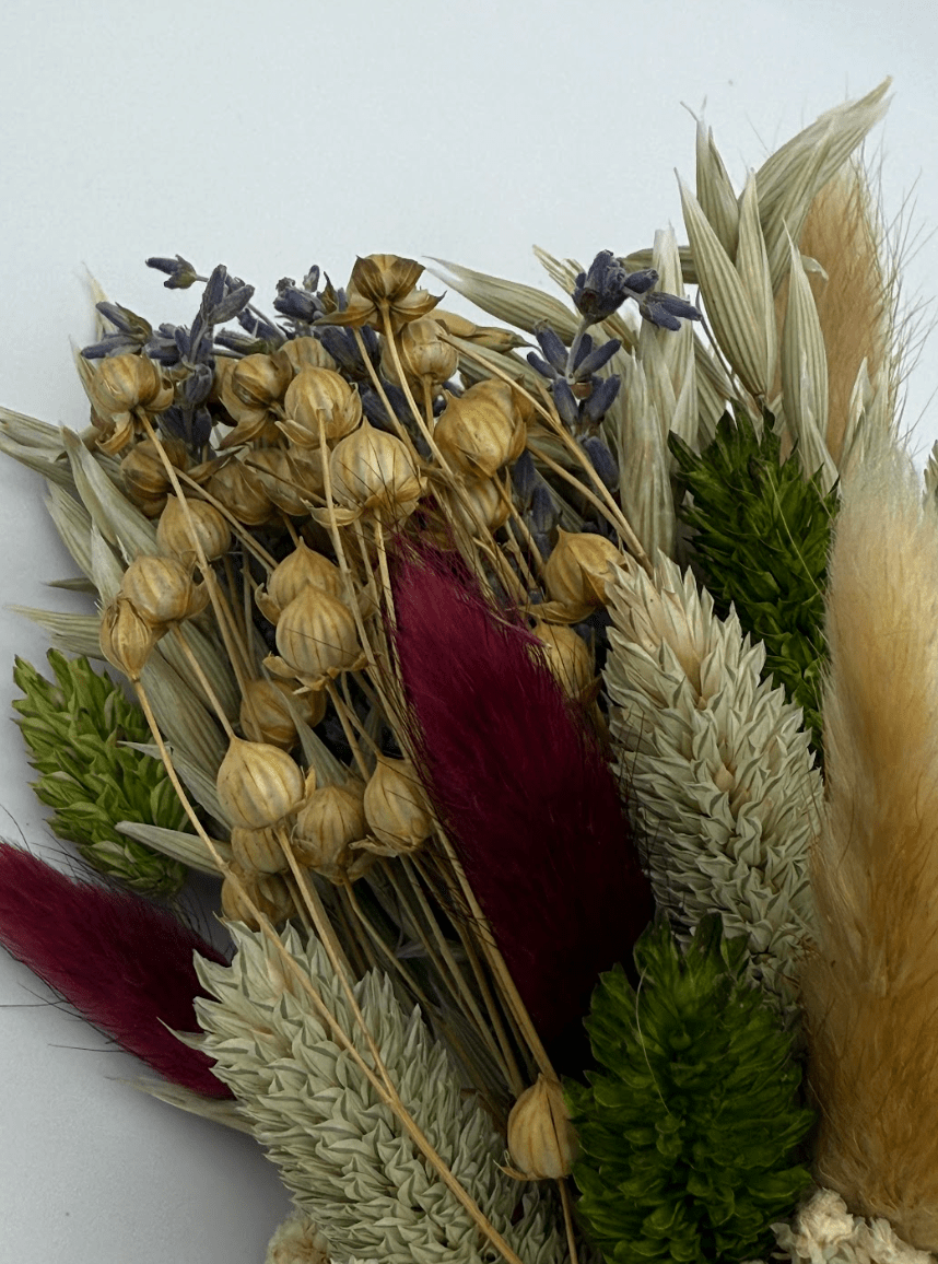Bouquet of dried flowers and herbs on a white background