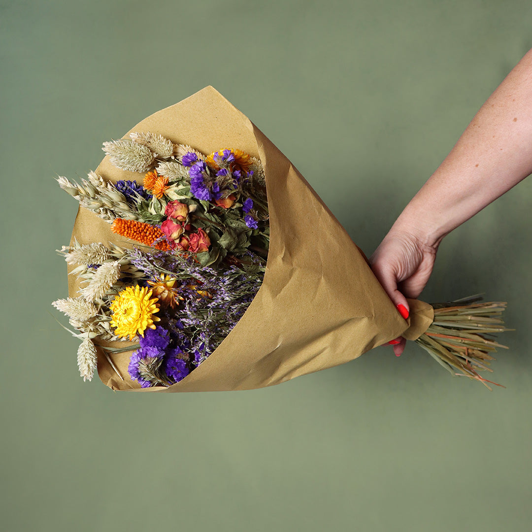 Large bright bouquet in blue, red, orange and white colours