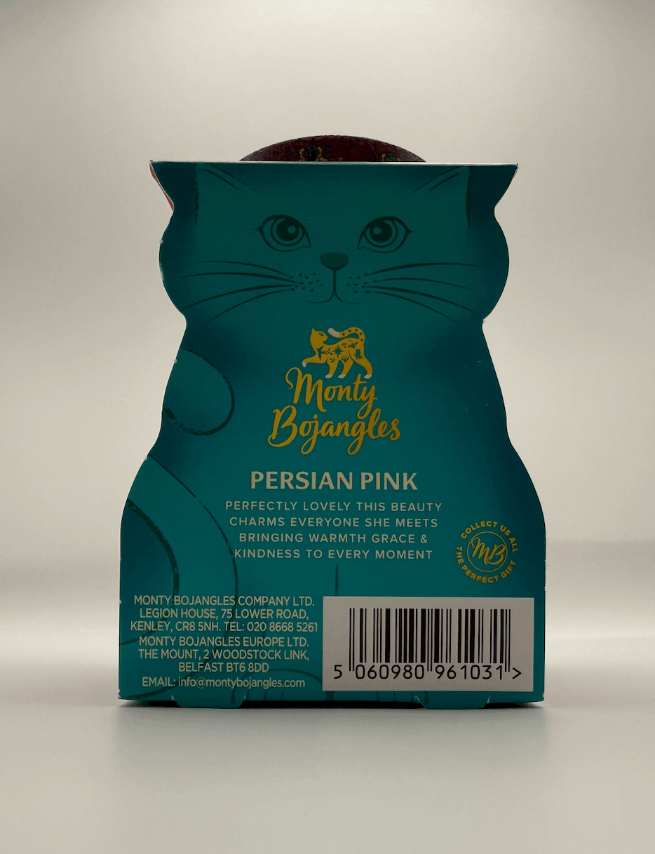 Monty Bojangles Persian Pink chocolate truffles assortment in a teal cat-shaped tin showing back label