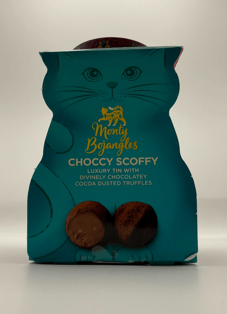 Monty Bojangles Choccy Scoffy cocoa dusted chocolate truffles in a teal cat-shaped luxury tin