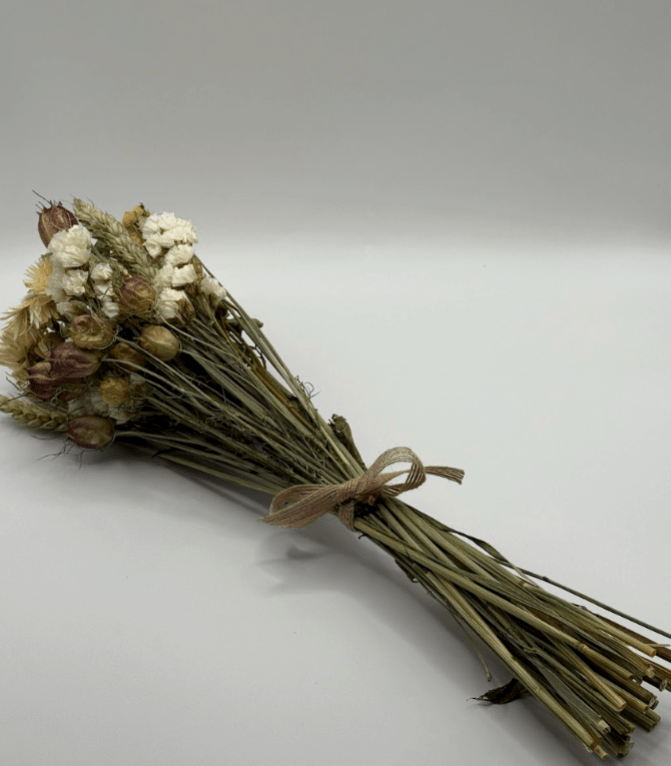 Bouquet of dried flowers tied with twine on a white background