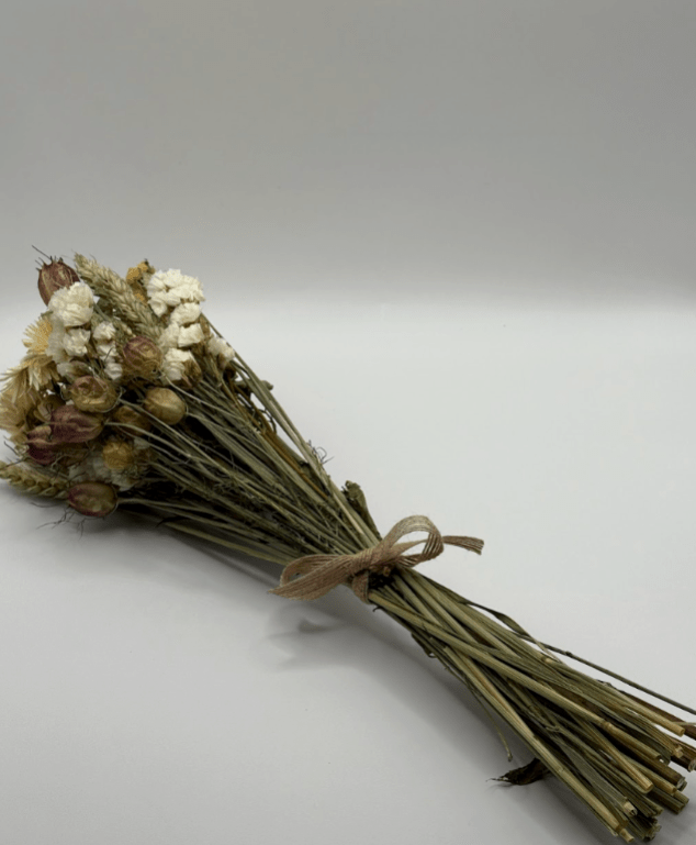 Bouquet of dried flowers tied with twine on a light gray background