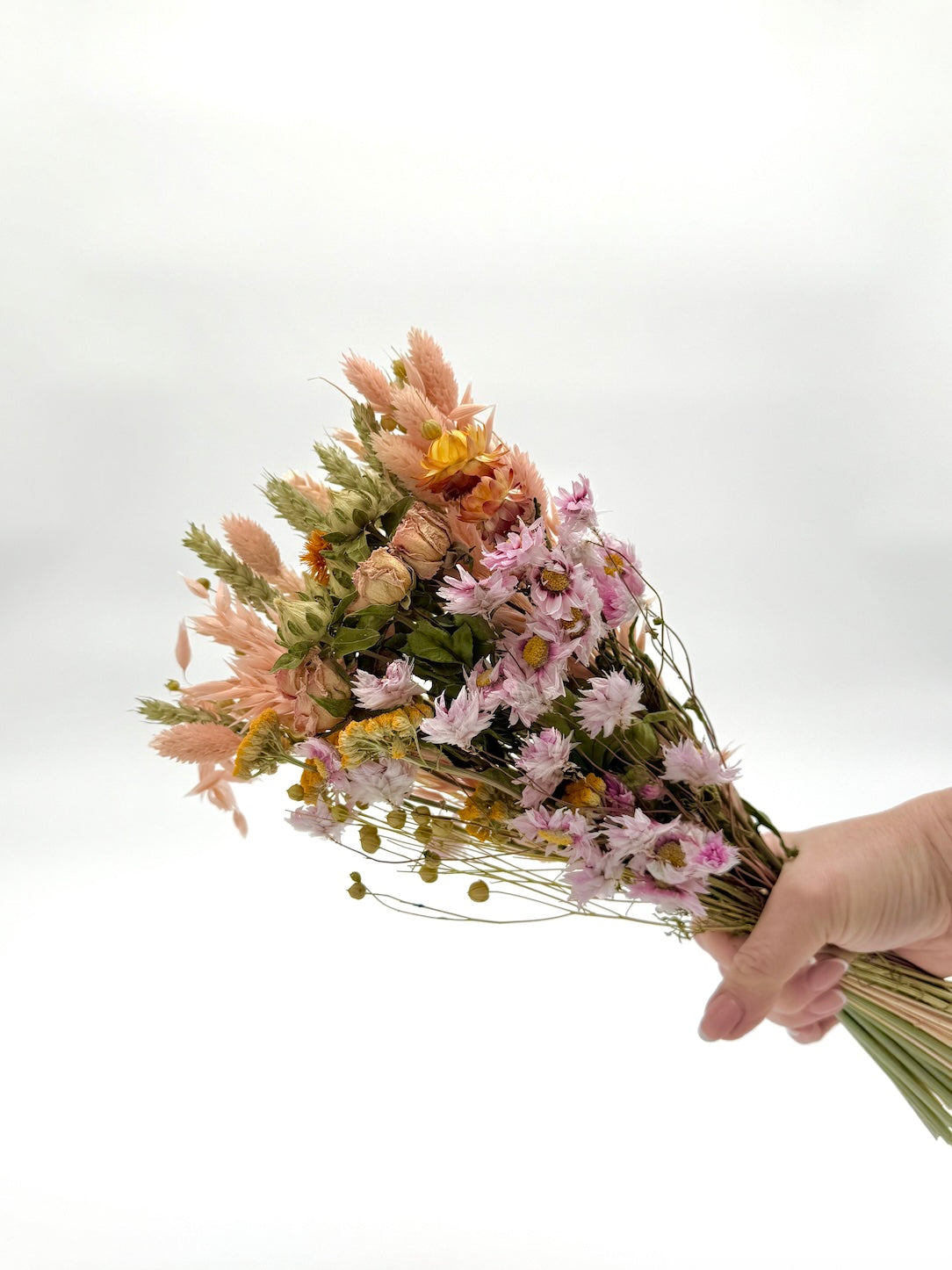 Bouquet of dried flowers held by a hand against a white background