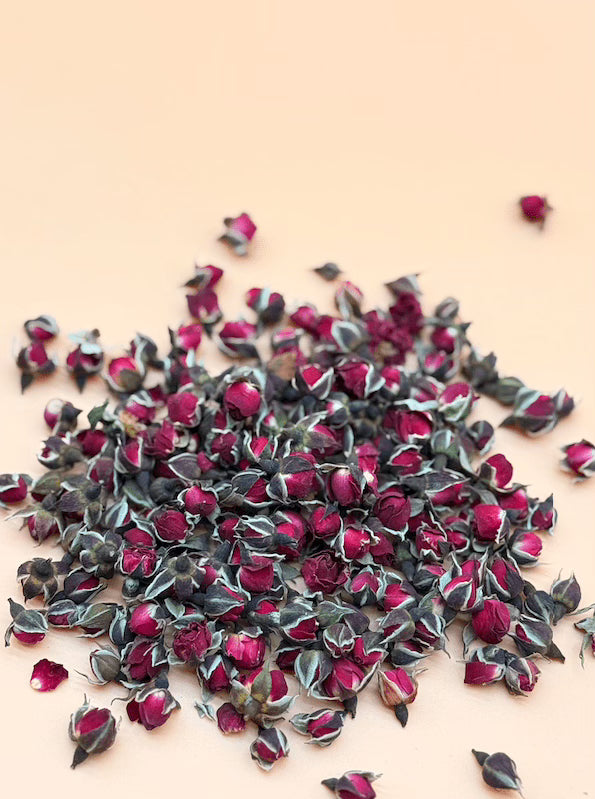 Dried pink and green rose buds scattered on a beige background