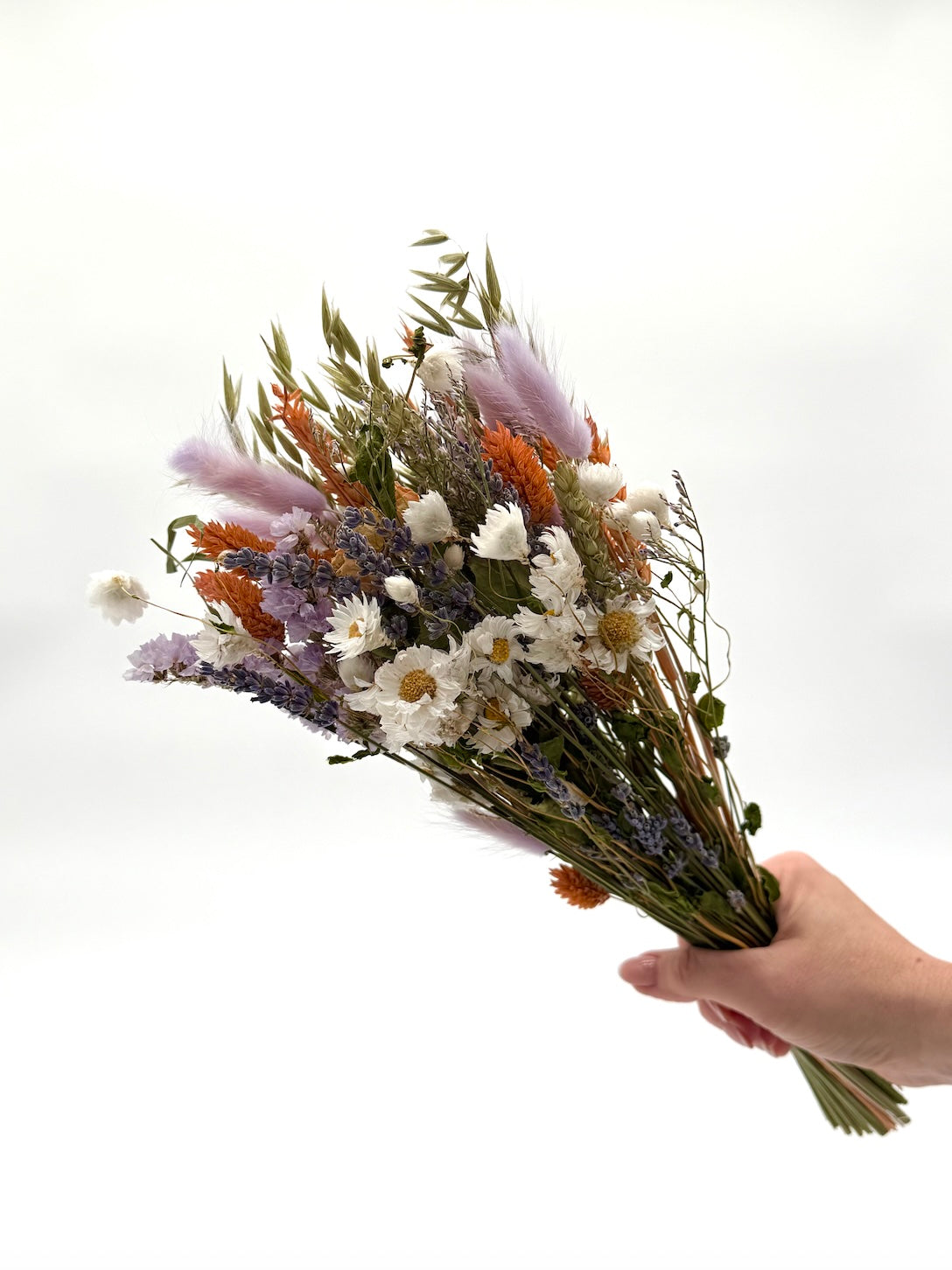 Hand holding a bouquet of dried flowers against a white background