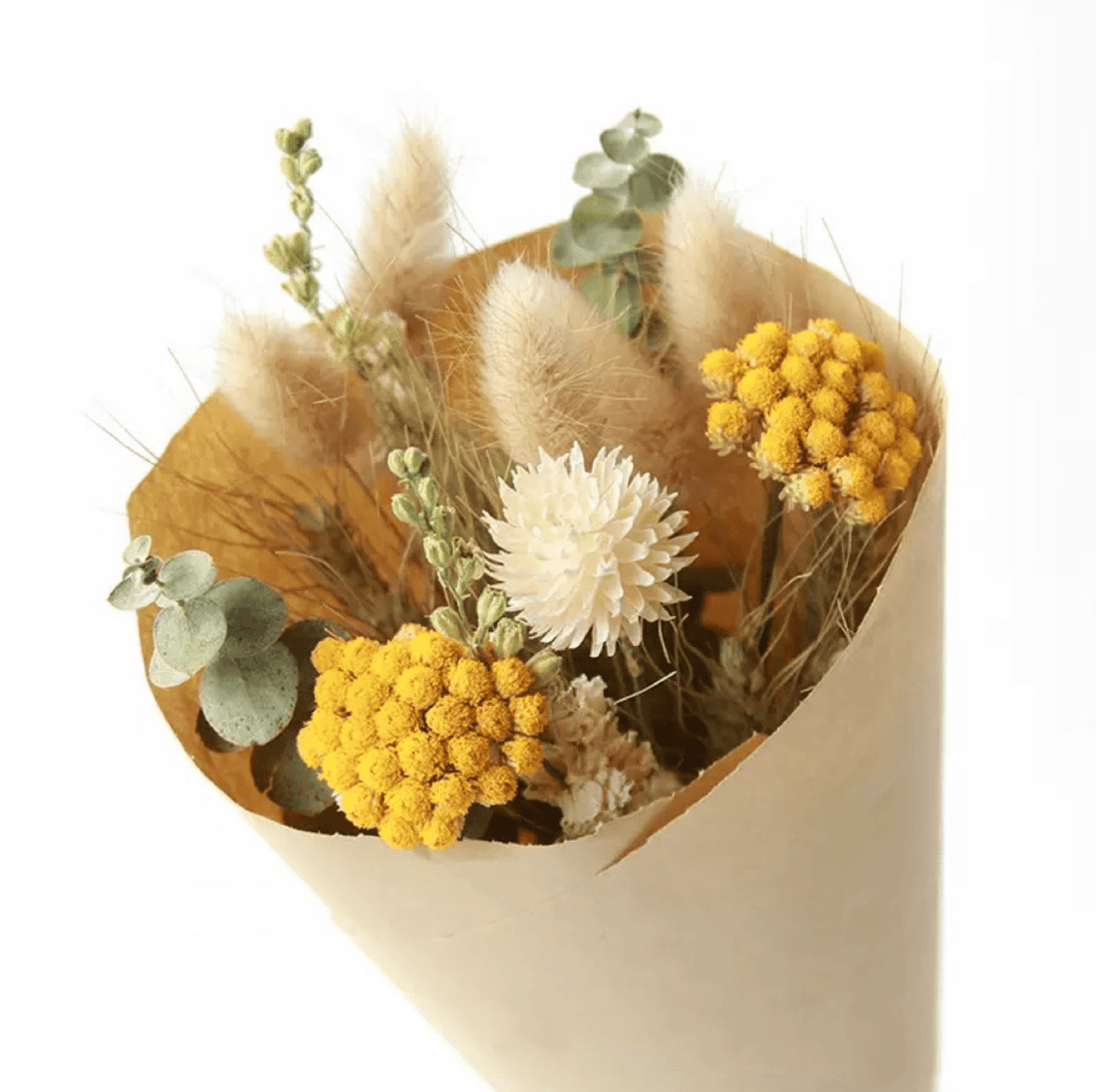 Bouquet of dried flowers with yellow and white elements on a white background