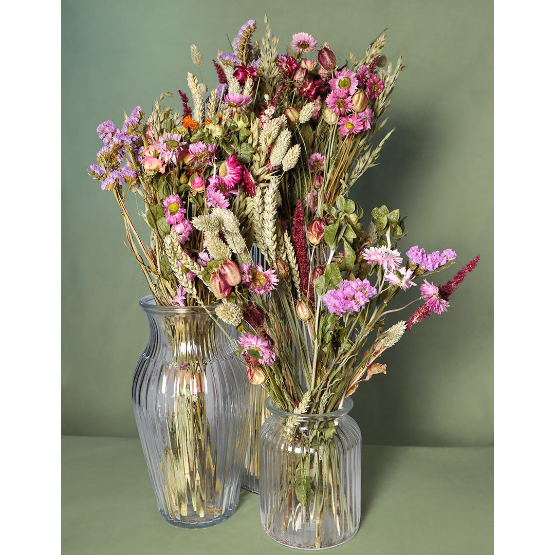 Two glass vases filled with dried flowers on a green background