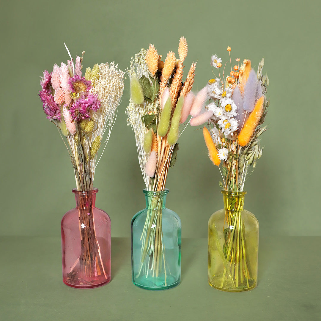 Three colorful vases with dried floral arrangements on a green background