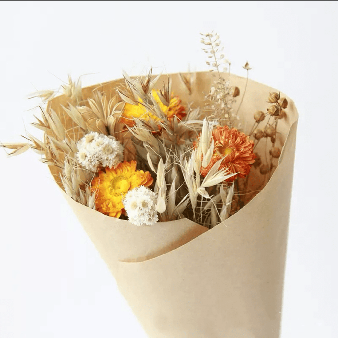 Bouquet of dried flowers wrapped in beige paper on a white background