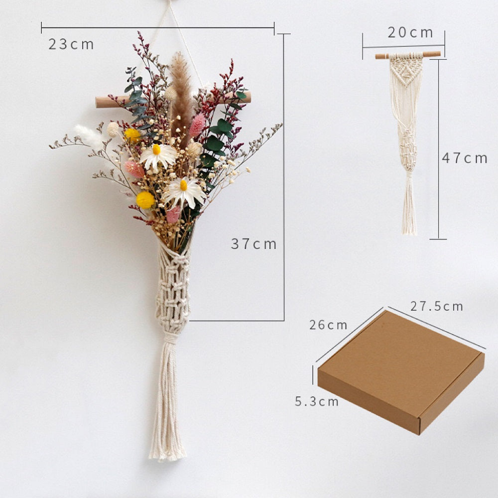Bouquet of dried flowers in a woven vase with measurements on a white background